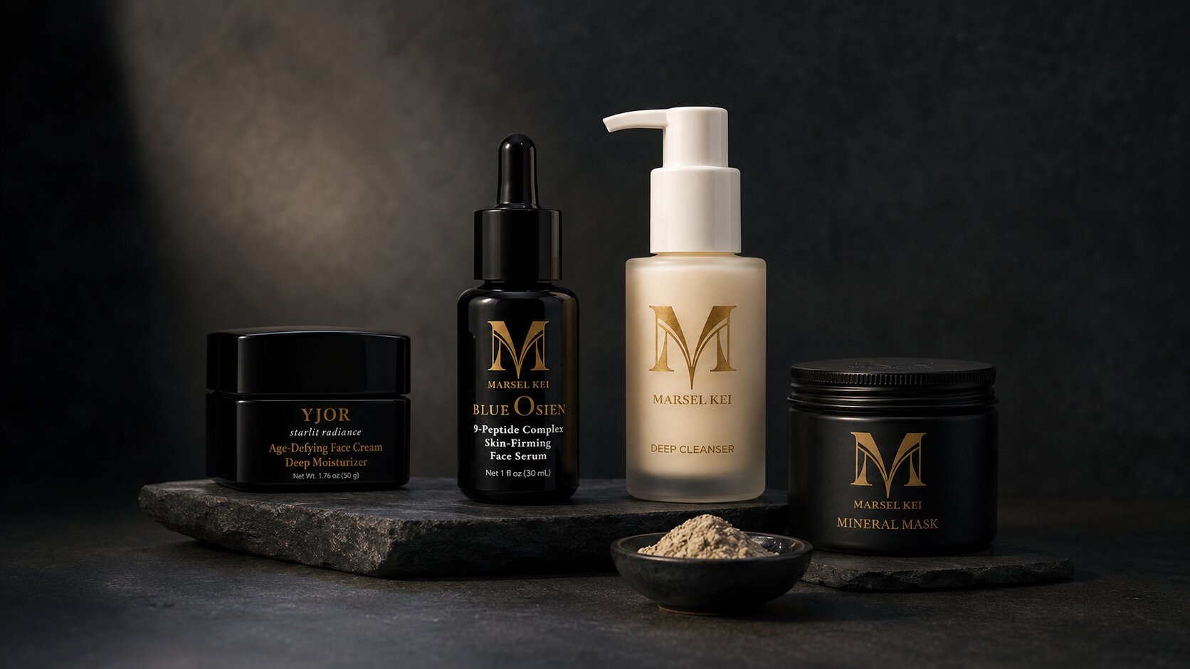 MARSEL KEI luxury skincare collection arranged on natural stone