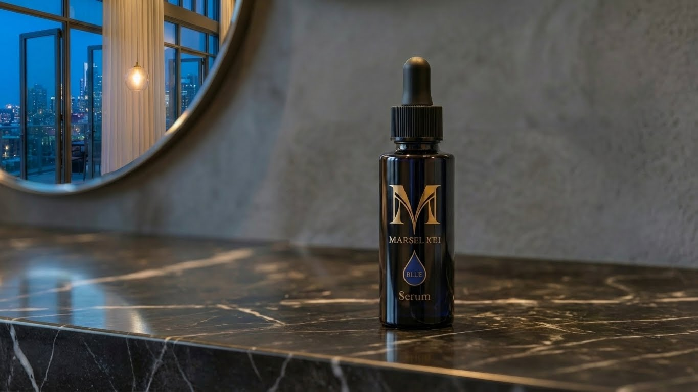 Blue Osien Hepta-Peptide Serum bottle with its distinctive blue-tinted formula