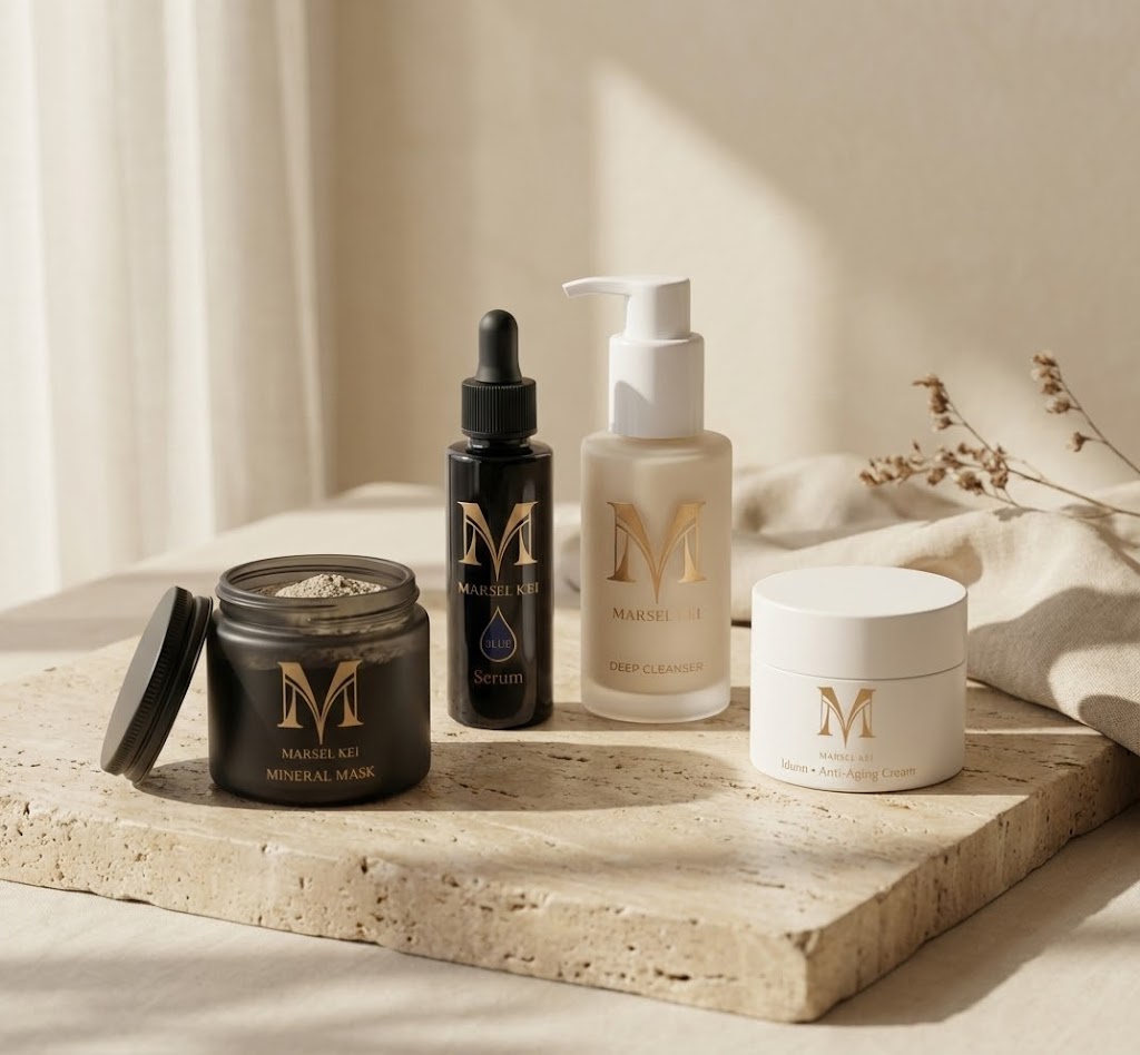 MARSEL KEI luxury skincare collection arranged on natural stone