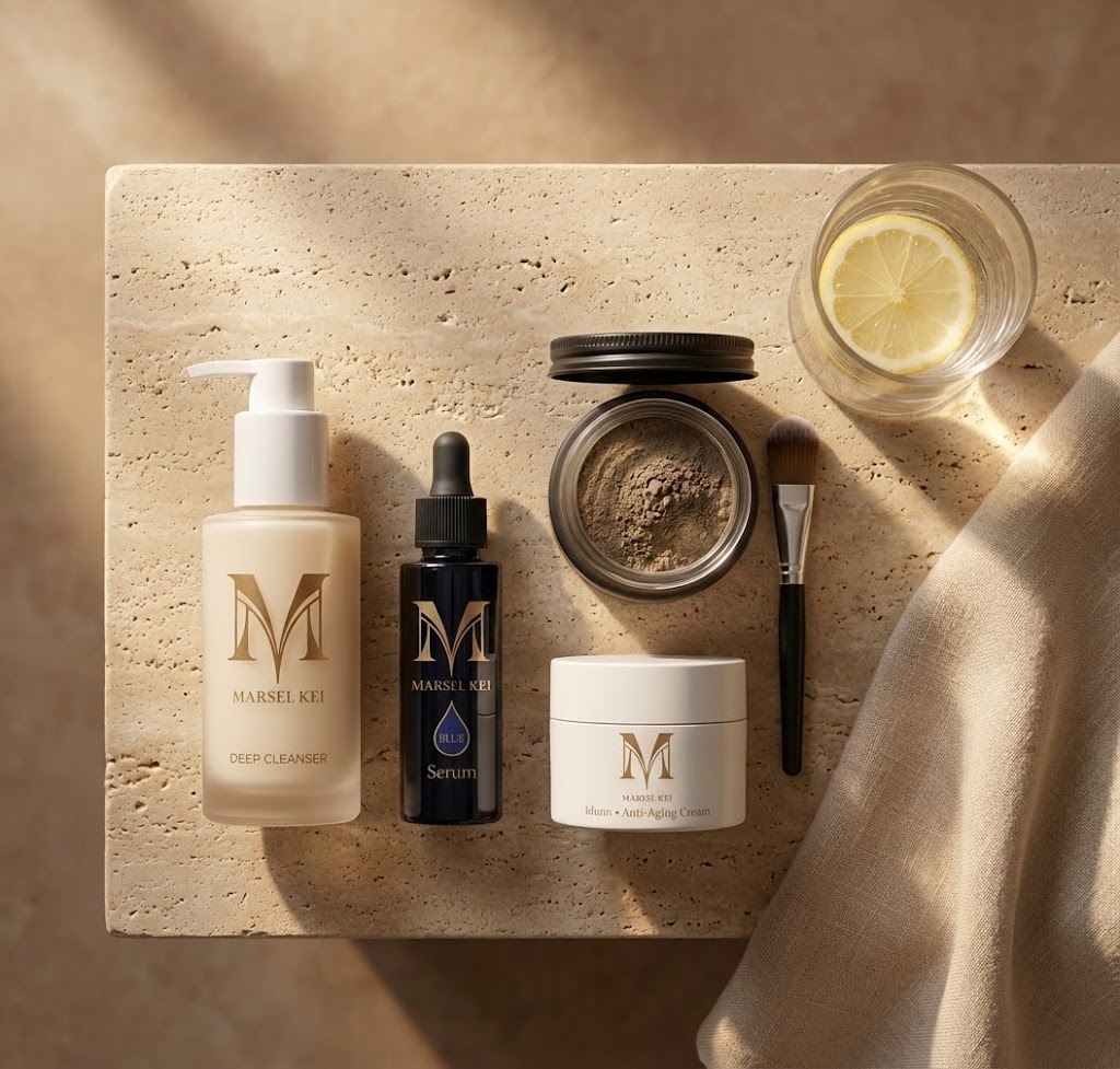A complete MARSEL KEI skincare ritual laid out on a vanity