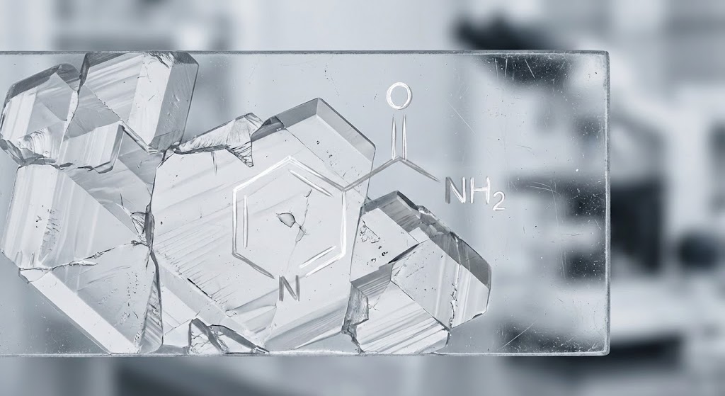 Close-up macro view of niacinamide molecule structure